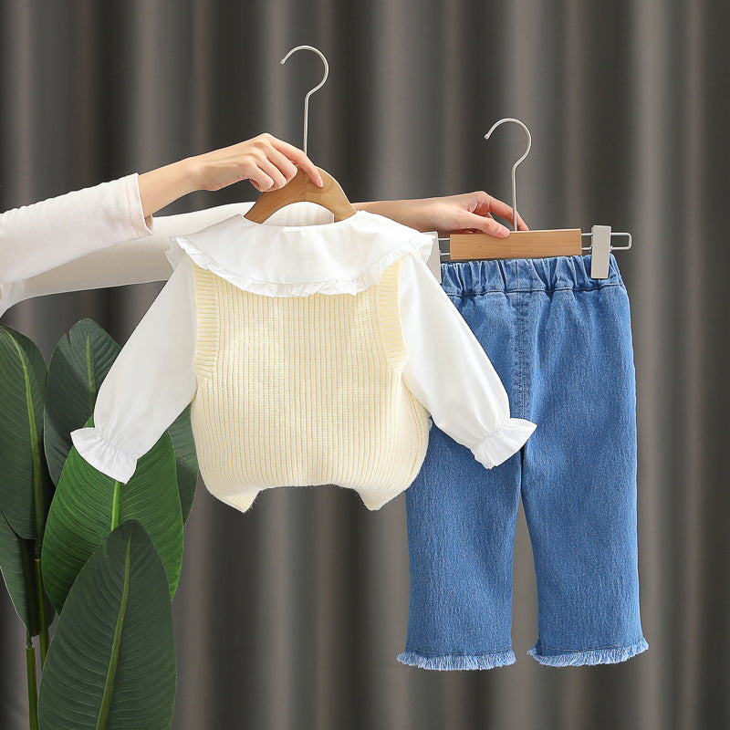 お花モチーフベスト付き キッズ3点セット