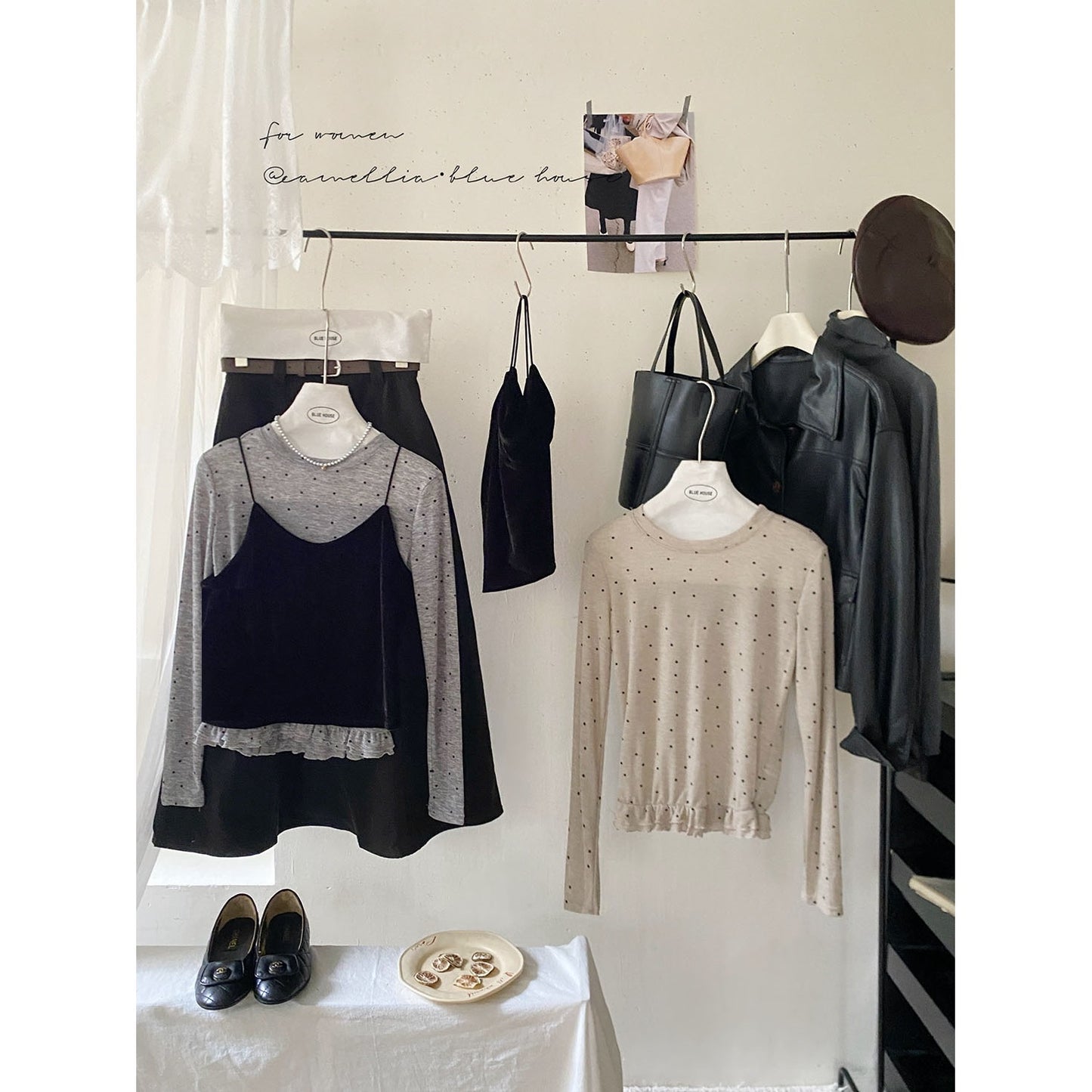 ドット柄トップス＆ベロアキャミソールセット