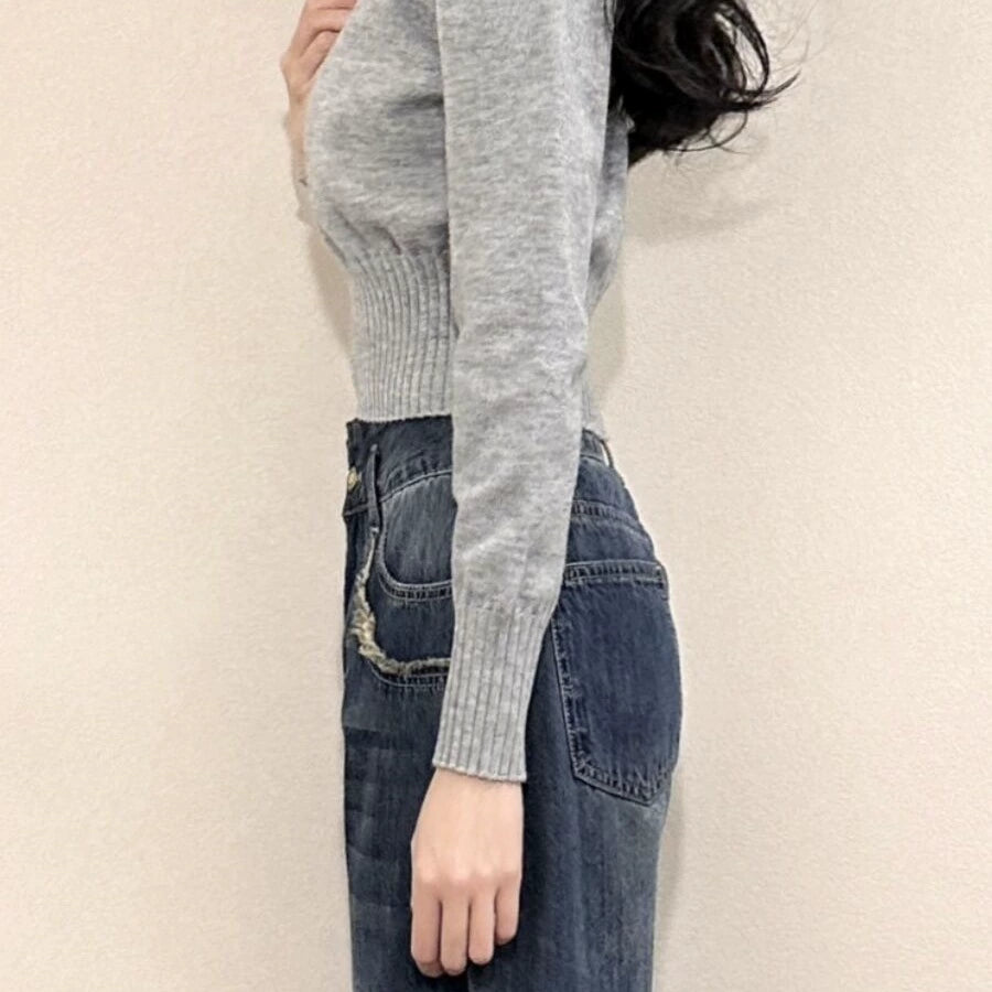 ラペル襟長袖ニットトップス