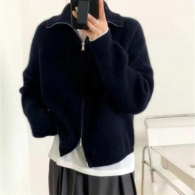 ダブルジッパーのニットカーディガン