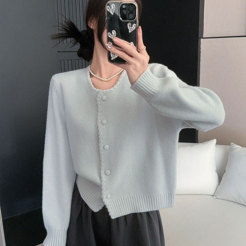 韓国風 クロップド丈 スカラップカーディガン