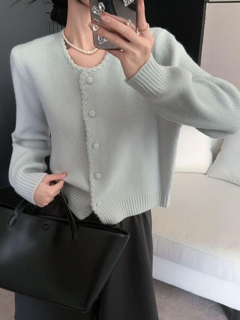 韓国風 クロップド丈 スカラップカーディガン