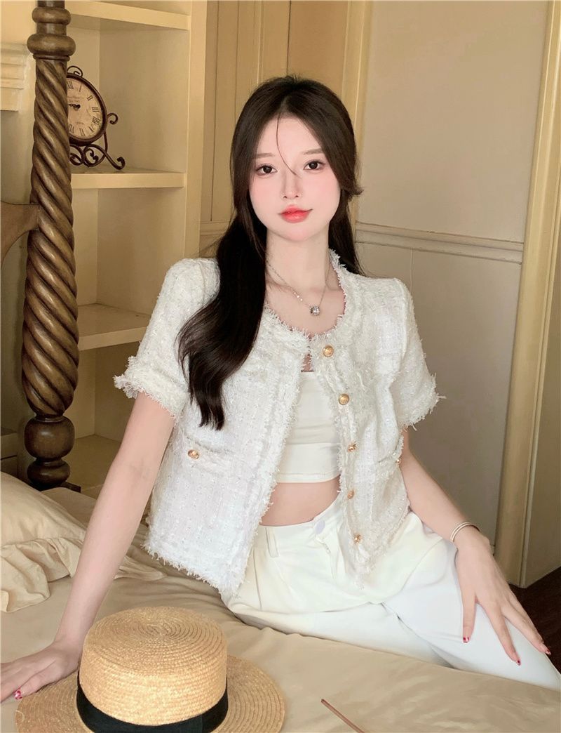 【ノーカラーサマーツイードジャケット】華やか半袖ツイード風ジャケット