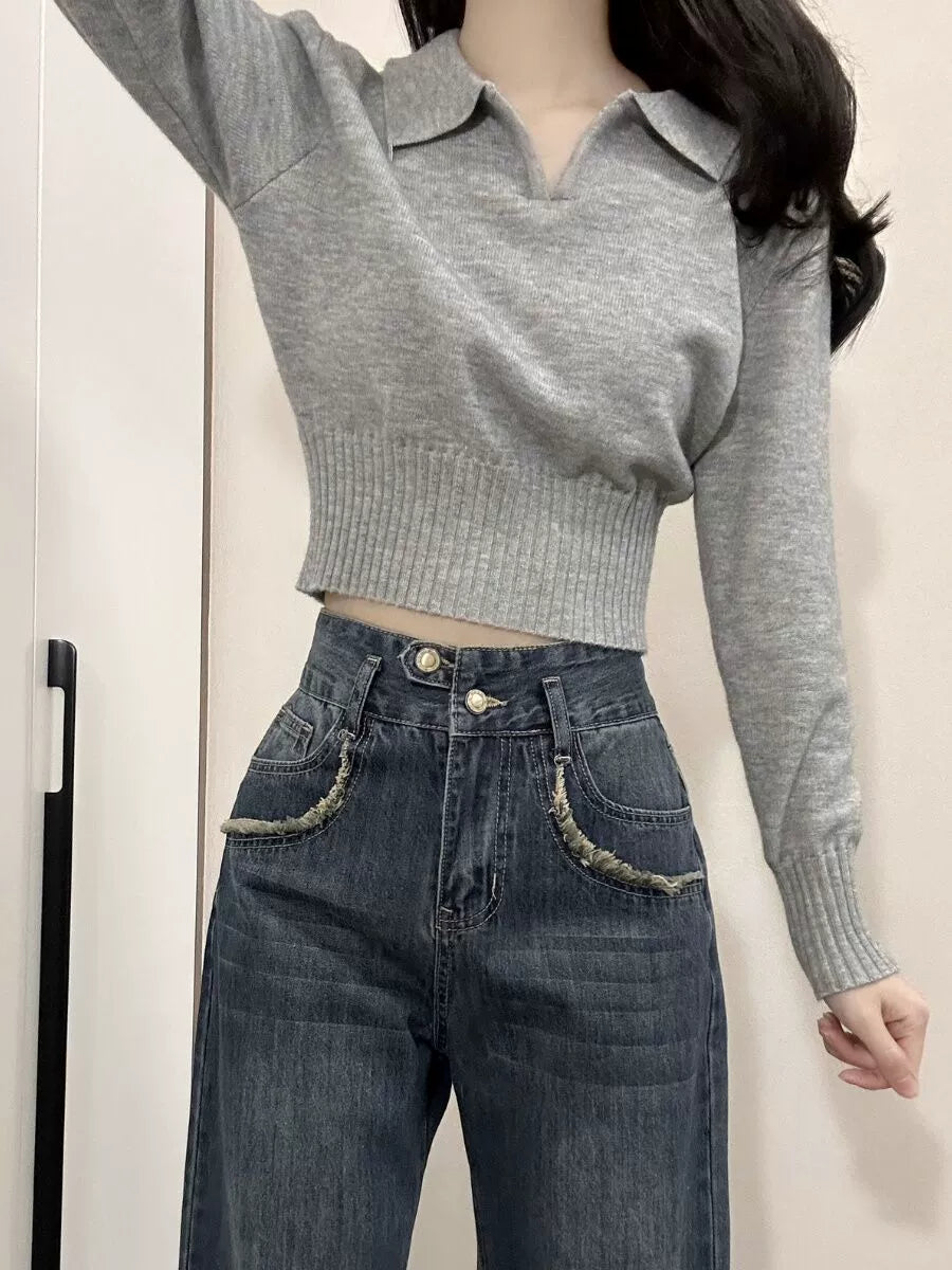 ラペル襟長袖ニットトップス