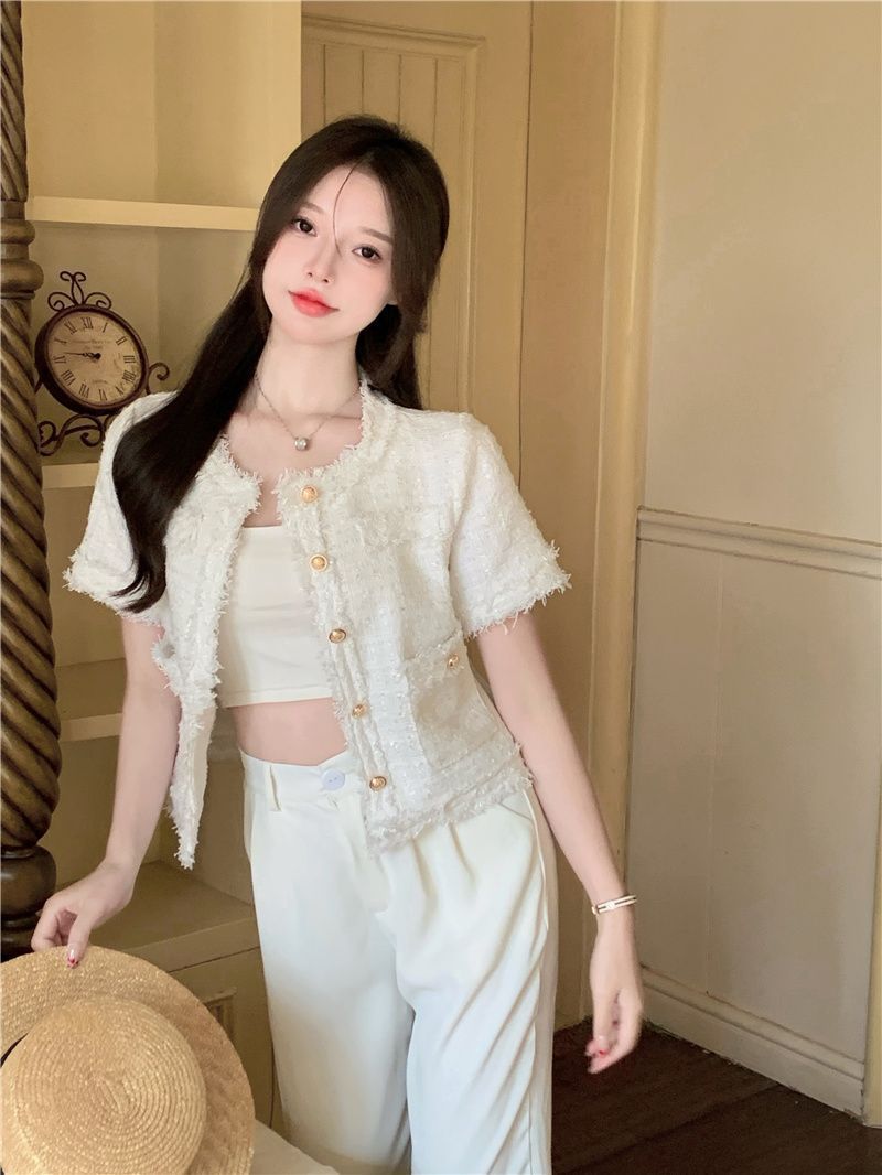 【ノーカラーサマーツイードジャケット】華やか半袖ツイード風ジャケット