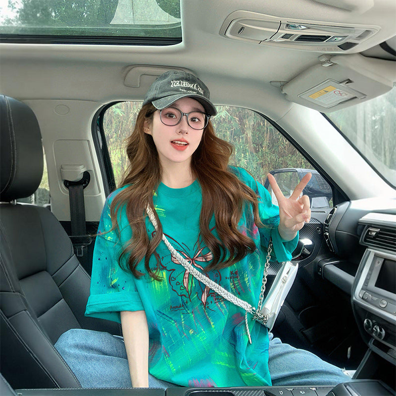 【骨格ナチュラルおすすめ】ミドル丈 リボンプリントTシャツ