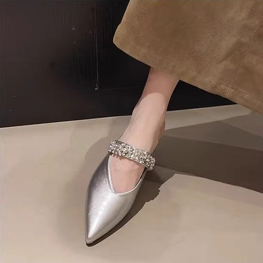 ダイヤモンドストラップ ソフトレザー ポインテッドトゥ ミュールシューズ サンダル