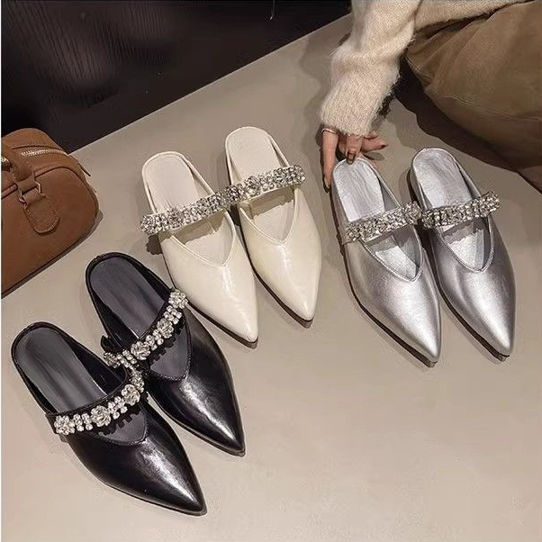 ダイヤモンドストラップ ソフトレザー ポインテッドトゥ ミュールシューズ サンダル