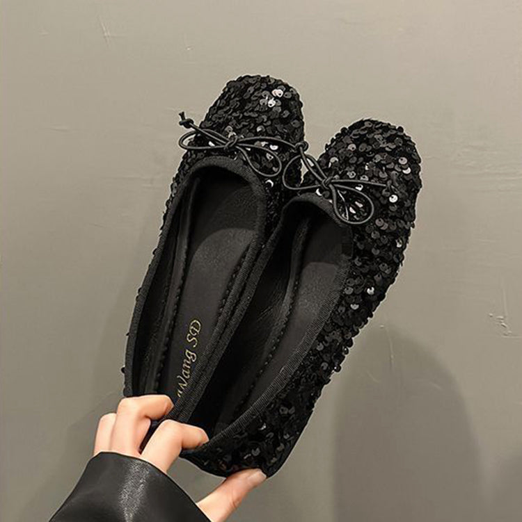 2025新作韓国風キラキラ輝くフラットヒールスクエアトゥレディースシューズ