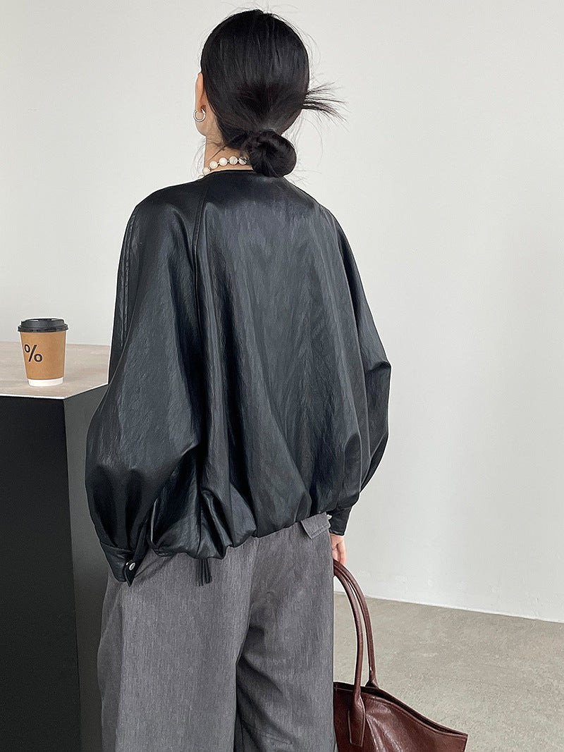 ノーカラーフェイクレザージャケット