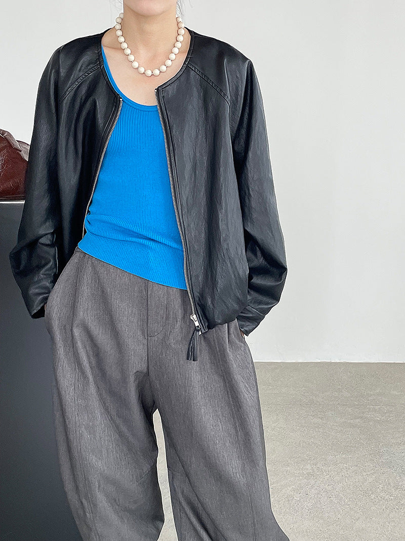 ノーカラーフェイクレザージャケット