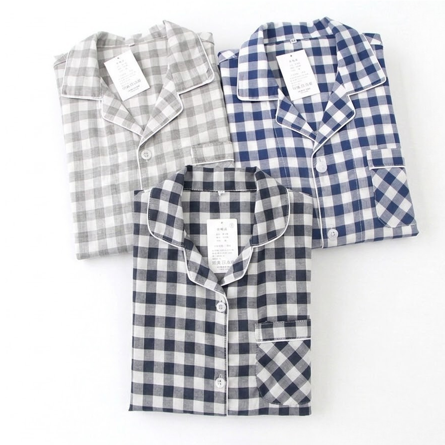 【ブロックチェック】綿100％ メンズ長袖ルームウェア