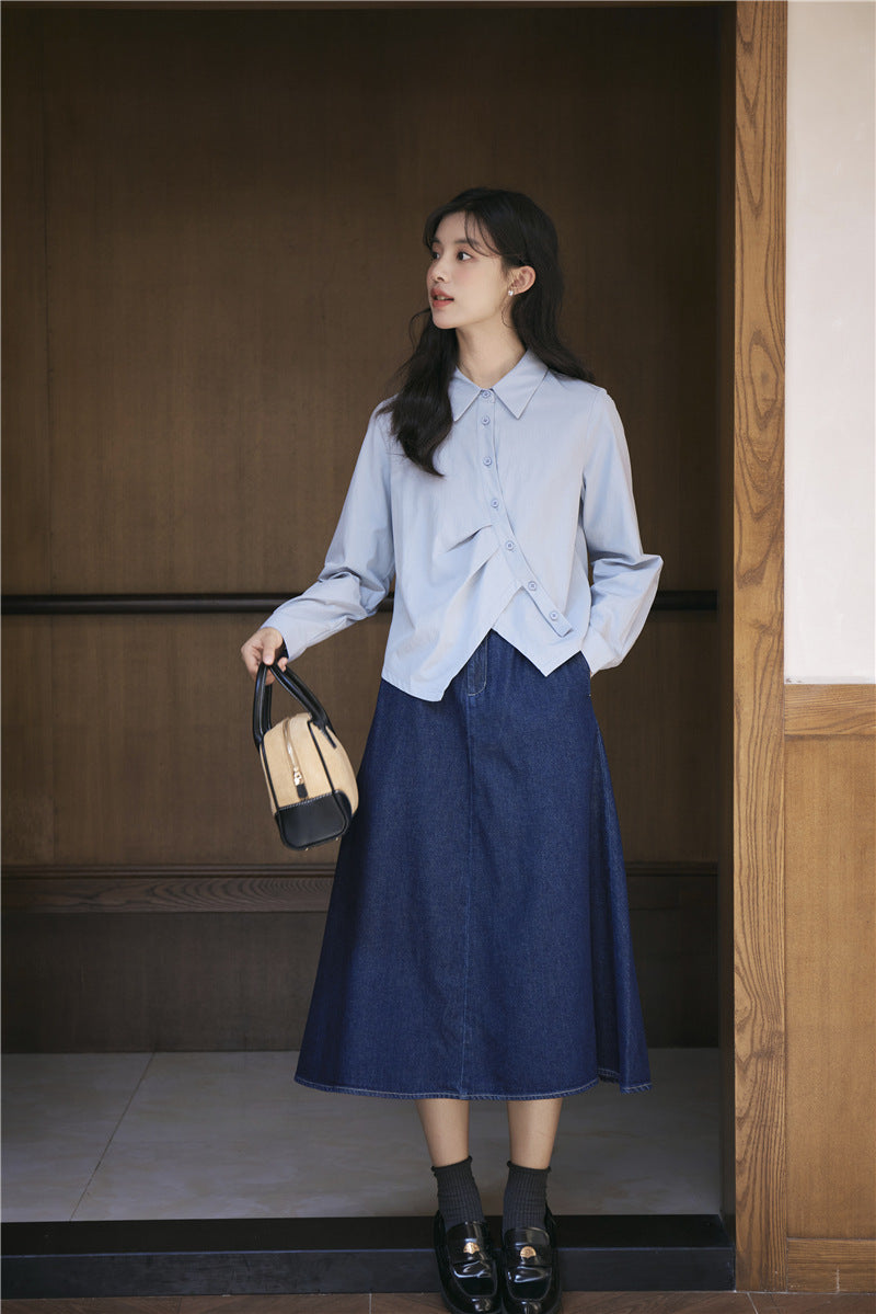 アシンメトリーデザインブルーシャツ
