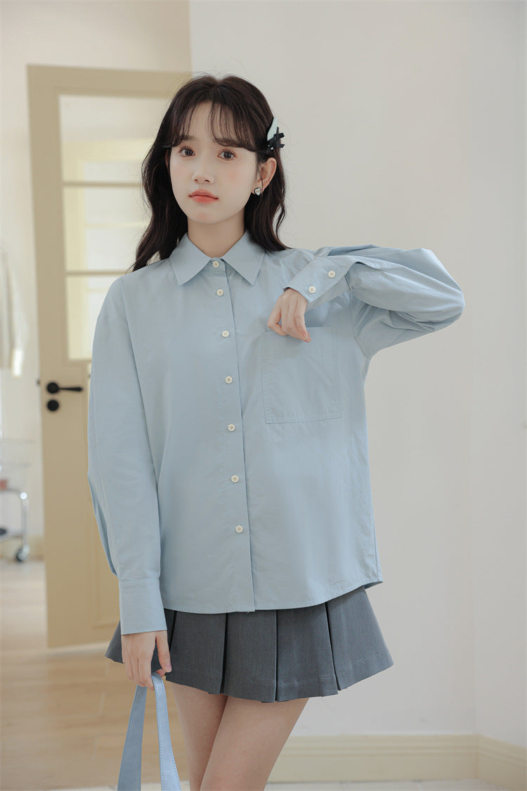 バックリボンライトブルーシャツ