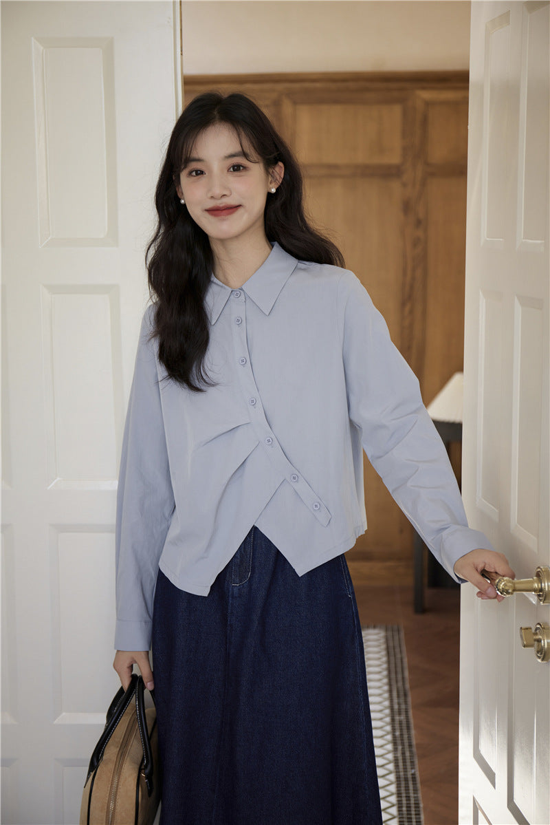 アシンメトリーデザインブルーシャツ