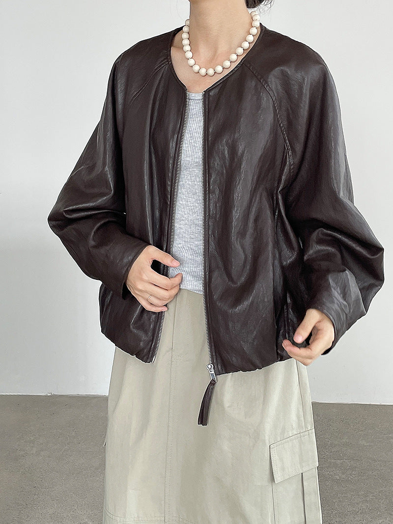 ノーカラーフェイクレザージャケット