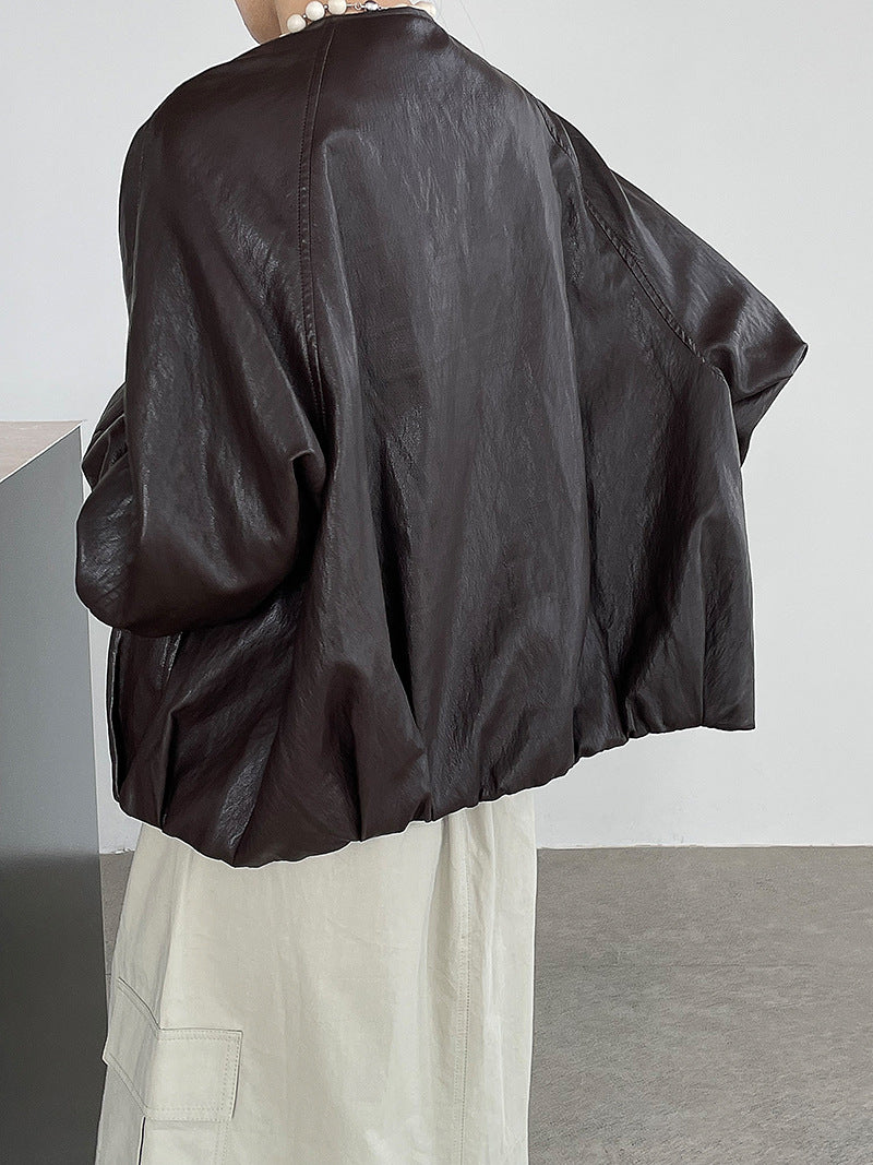 ノーカラーフェイクレザージャケット