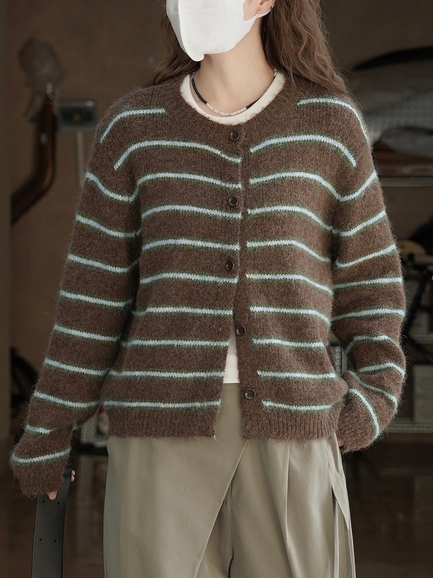 ウィンターミントストライプカーデ