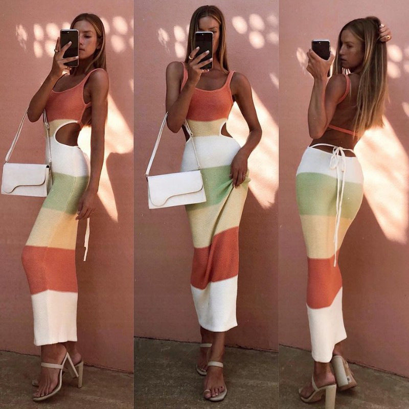 カラーブロック・カットアウトニットドレス