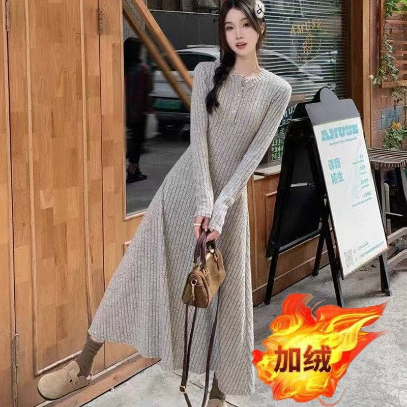 【骨格ウェーブおすすめ】ウエストマーク 縦リブニットロングワンピース