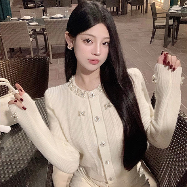 ビジューボタン リブニットカーディガン