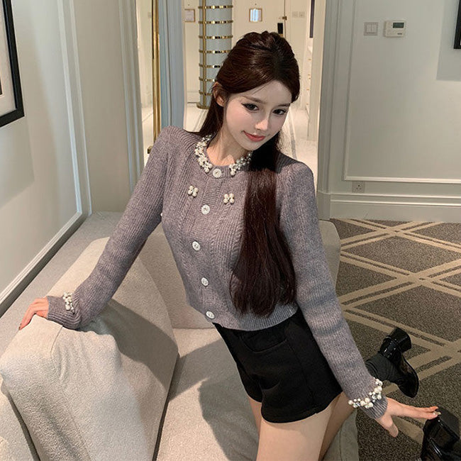 ビジューボタン リブニットカーディガン