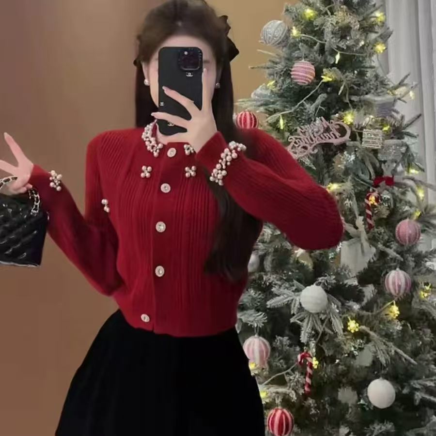 ビジューボタン リブニットカーディガン