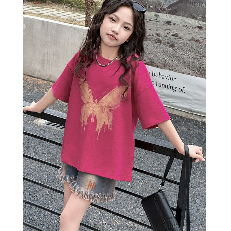 Tシャツ×フリンジデニムショートパンツセット