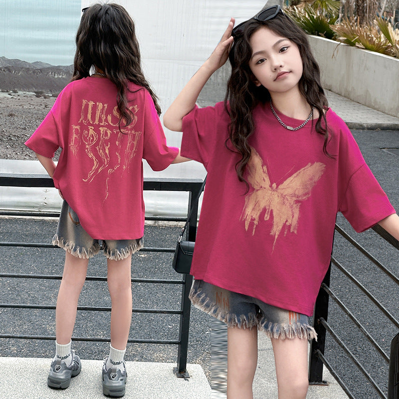 Tシャツ×フリンジデニムショートパンツセット