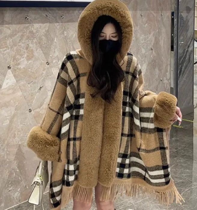 フード付きウール調 ケープマント