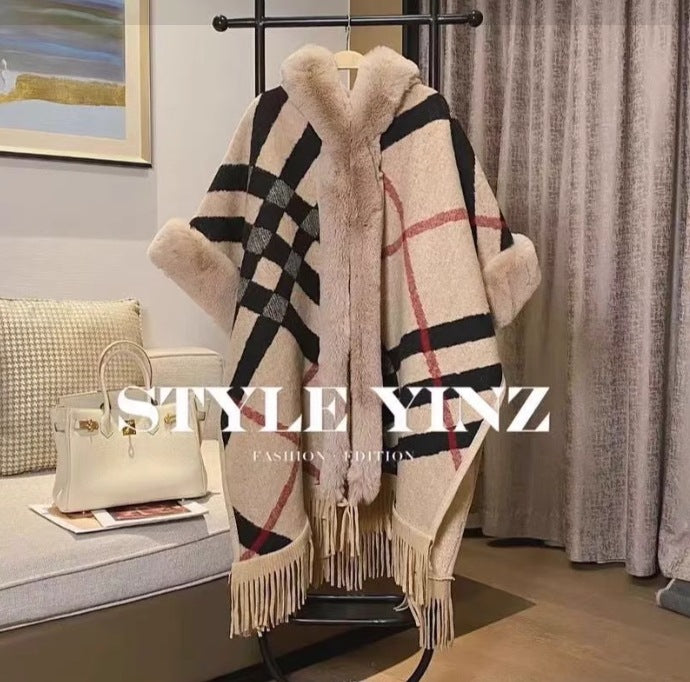 フード付きウール調 ケープマント