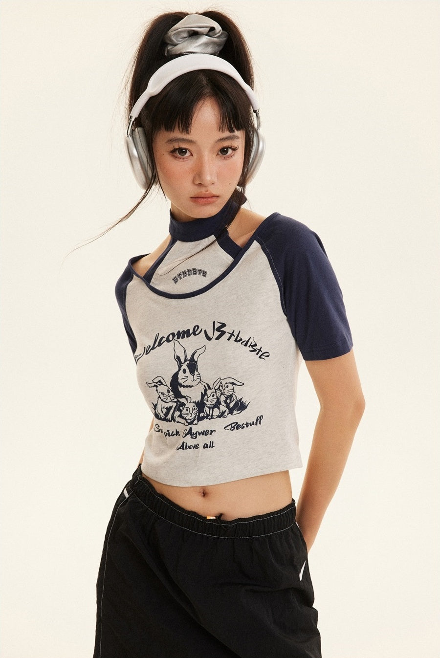 Y2K半袖Tシャツリボンネックカットソー