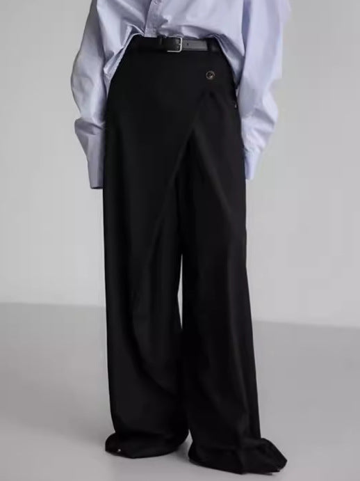 アシンメトリーボタンのラップデザイン裁断ロングパンツ