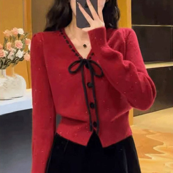 ツートーンリボンカーディガン