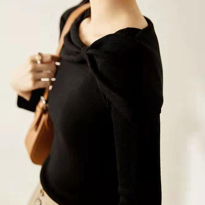 リボンオフショルニット