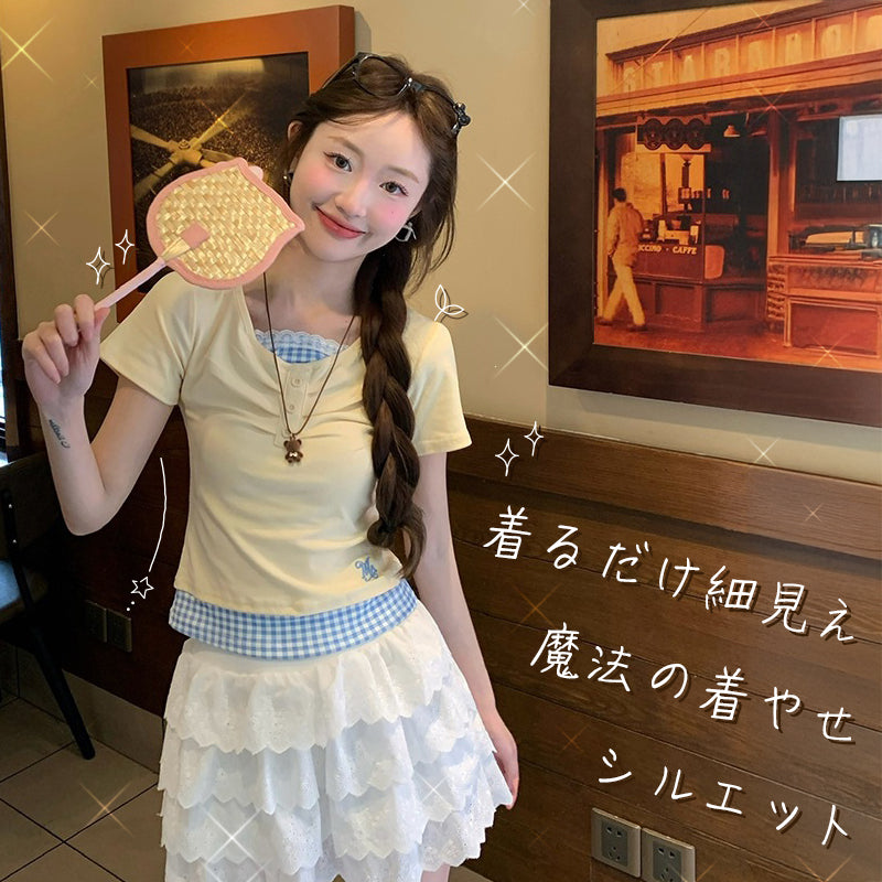 重ね着風ギンガムチェックTシャツ