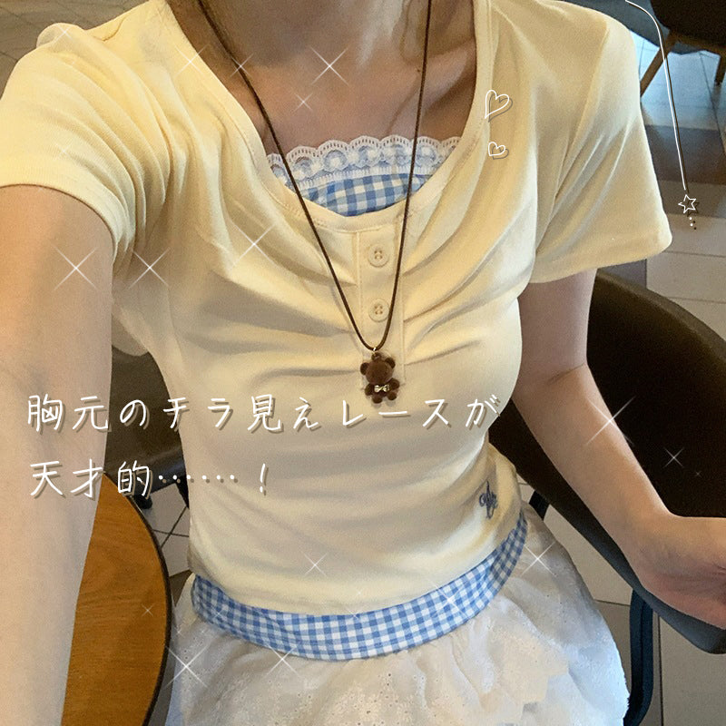 重ね着風ギンガムチェックTシャツ