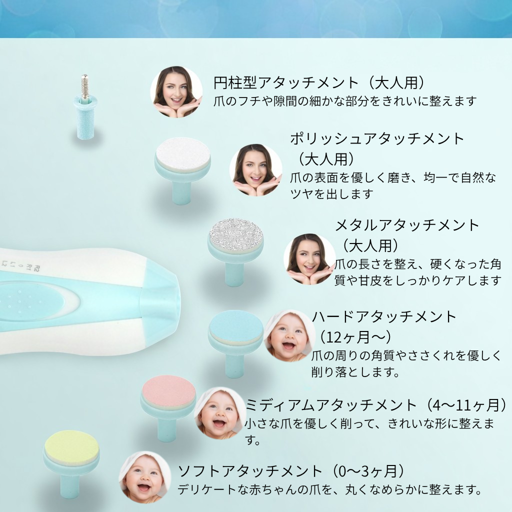 ベビー用電動爪切り ネイルケアセット 6タイプのアタッチメント付き（赤ちゃん用3種/大人用3種）